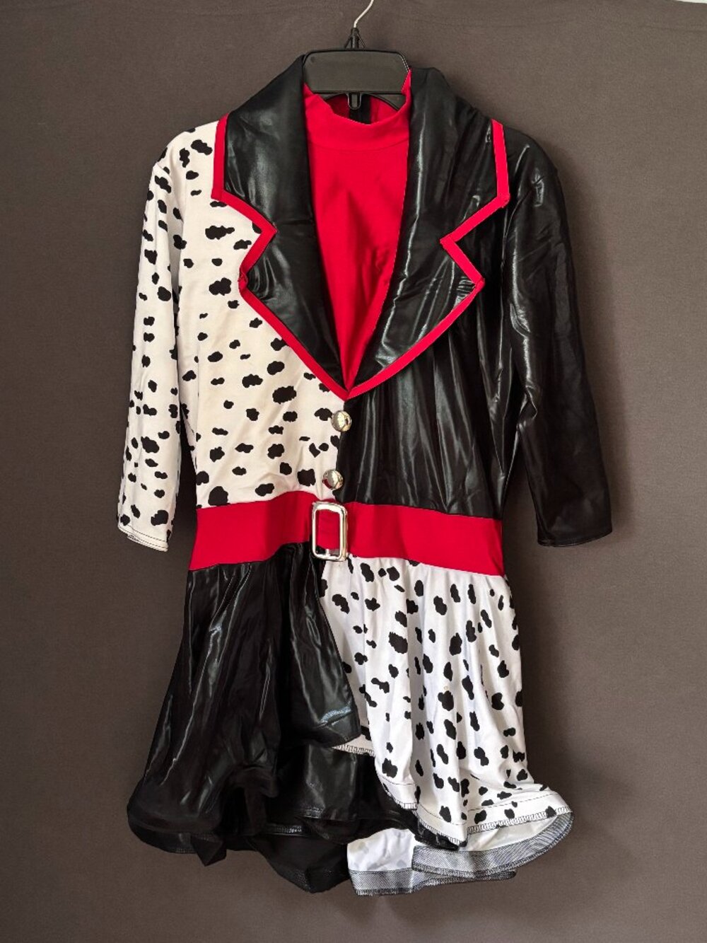 Cruella Red, Black & White Dalmatian Print Fit & Flare onesie with Belt